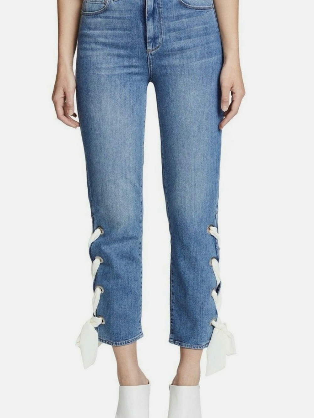 PAIGE High-Rise Sarah Straight Jeans with  Meridian Side Lace-Up Tie